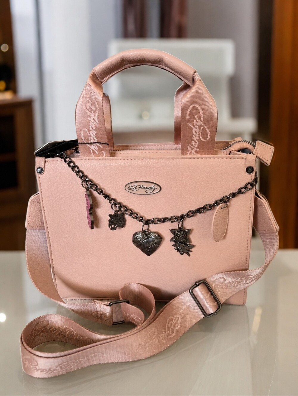 NWT Ed Hardy Blush Pink Satchel Crossbody Handbag Charm Chain